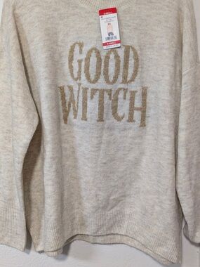 Vince Camuto Cream Crewneck Sweater with Gold 'GOOD WITCH' Text